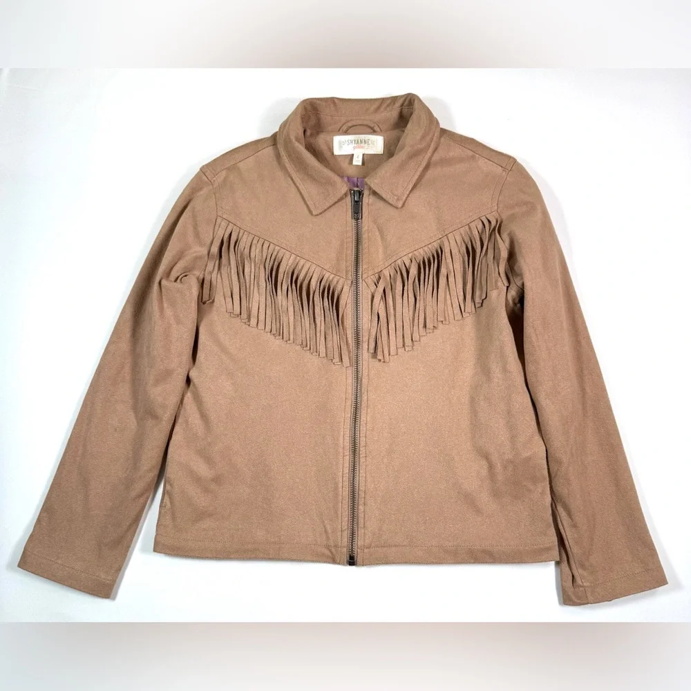 SHYANNE GIRLS Tan Faux Suede Fringe‎ Western Cowgirl Jacket Rodeo Country Size L